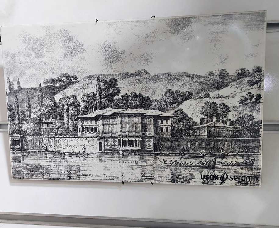 A18195 Seramik Tablo Dikdörtgen 40x25cm Siyah Beyaz Vintage Köşk Dağ Kayık Kürek 1 Adet