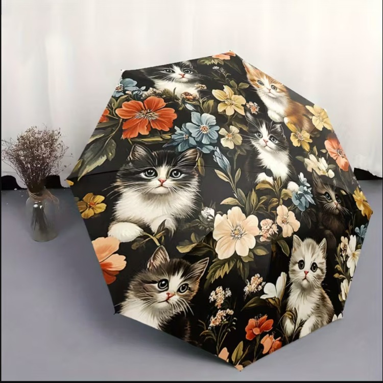 NG5283803 Renkli Kadınlar/Erkekler için Otomatik Açma/Kapama Şemsiye, Çiçek & Kedi Tasarımı