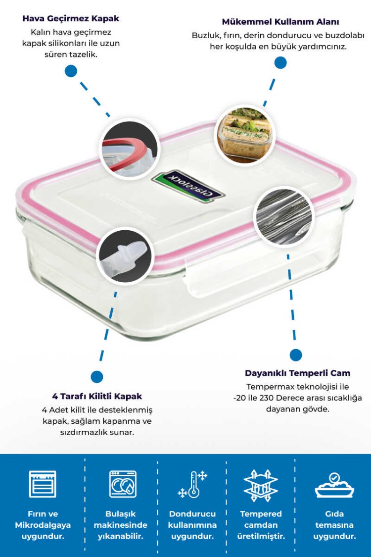 D-MCRB200 Glasslock Dikdörtgen Cam Saklama Kabı - 2000 ML MUTFAK