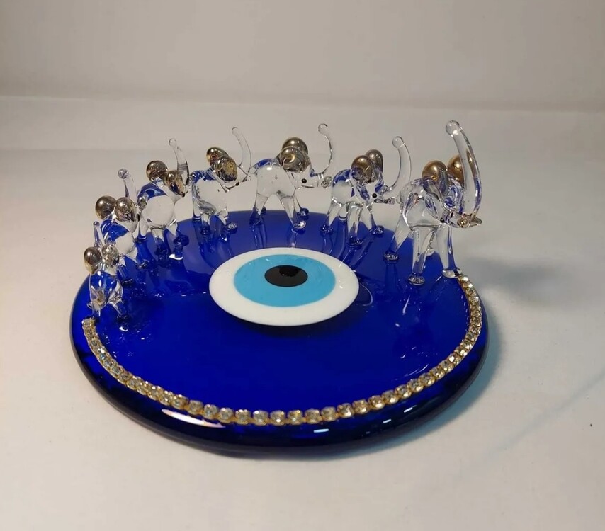 9212-G El Yapım Cam Mavi Nazar Taşlı Boncuk Üzerinde Gold Altın Renk Yedili Fil 15x6,5cm Biblo