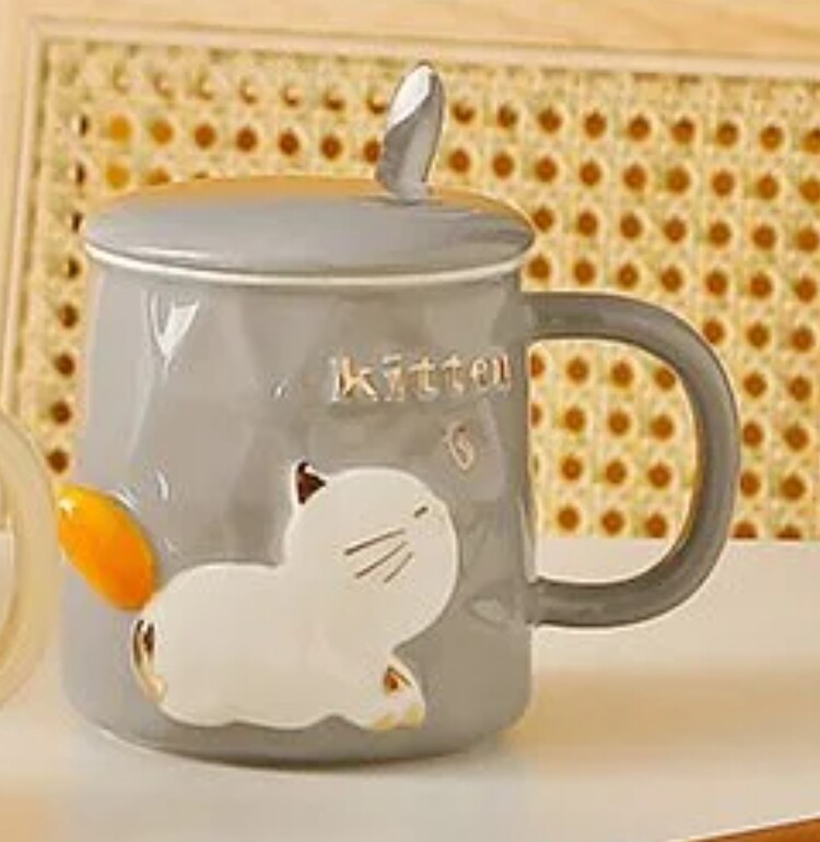 CGP-4404 Porselen Kupa Kapaklı Metal Kaşıklı Kitten Yavru Kedi 1 Adet