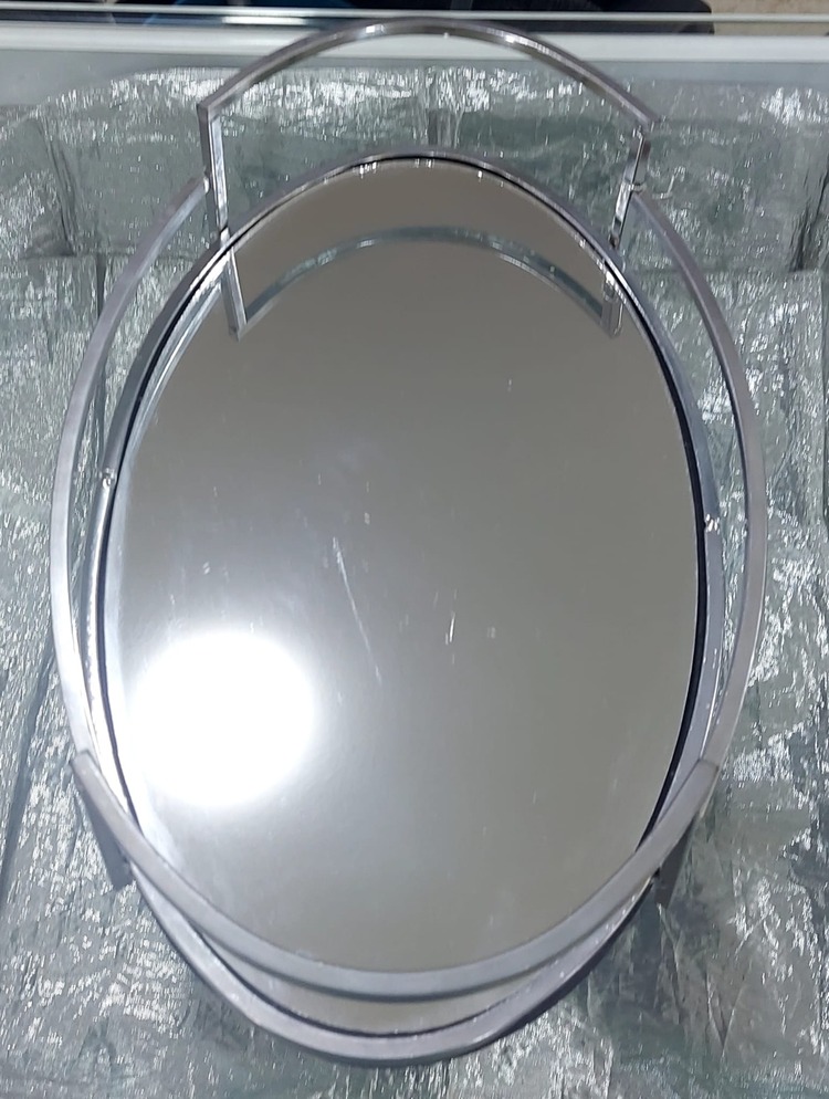 AWTHS 36x22cm Oval Gümüş Renk Metal Aynalı Cam Tepsi 15inch 1 Adet