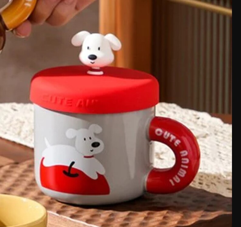 AGP-4359 Porselen Kupa Kapaklı Köpek Figürlü Kırmızı Elma Cute Animal 1 Adet