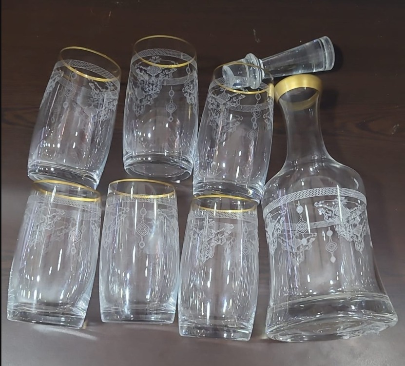 B161021042026 6 Kişilik Su Bardağı Karaf Seti Cam Üstü Desenli Şeffaf