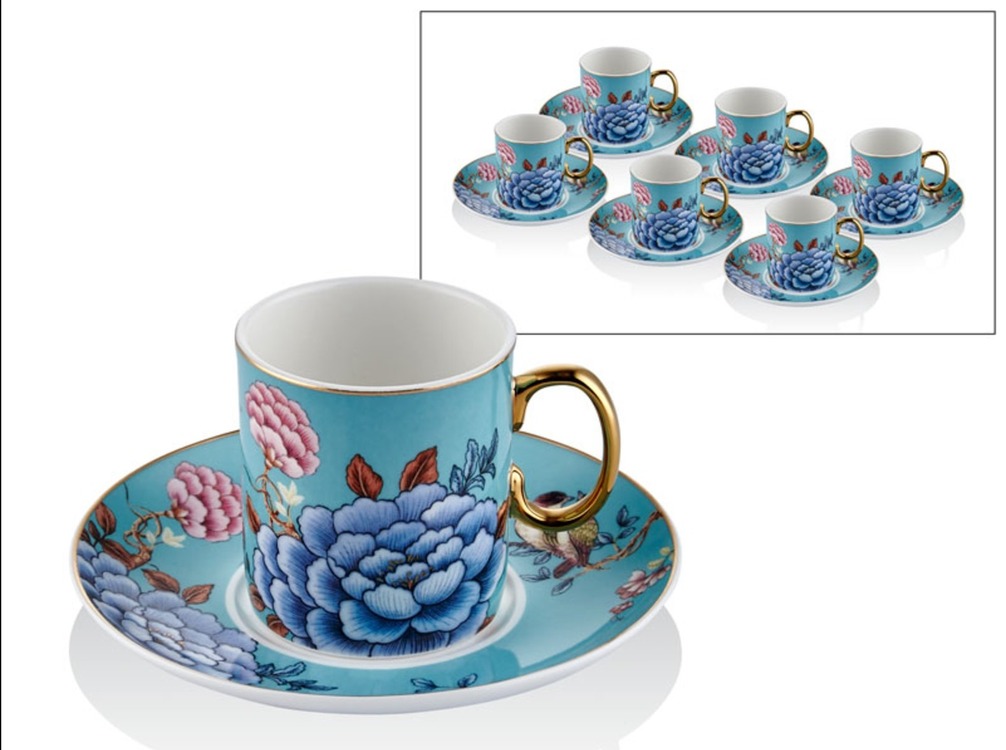 1LIN-CC063 Floral Blue 2'li Kahve Fincan Coffee Cups Set Decorative