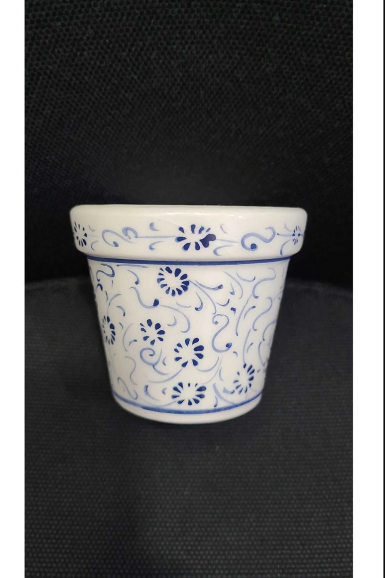 AC4G El Yapım Hand Made Saksı Vazo Ufak 6x7cm Lacivert Beyaz Çiçek Desen 1 Adet