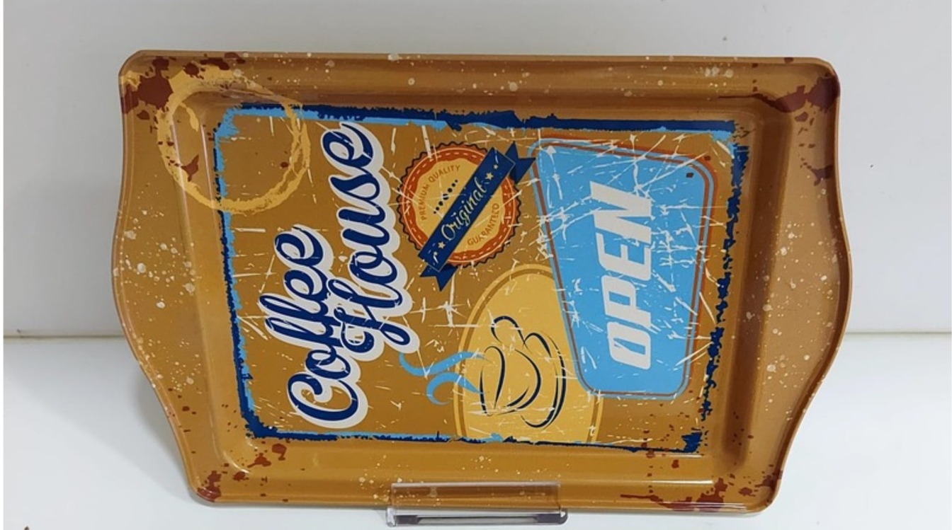 OPENSMTP56 Coffee Desenli Metal Tepsi Dikdörtgen Metal Sofra Tepsi 16x25cm Kahve 1 Adet