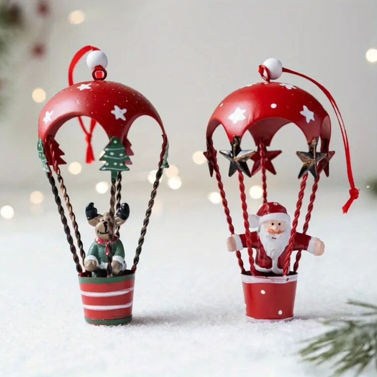 QR6489205 yaşlı Santa Claus Elk Sıcak Hava Balonu Süsü, 1 adet Dövme Demir