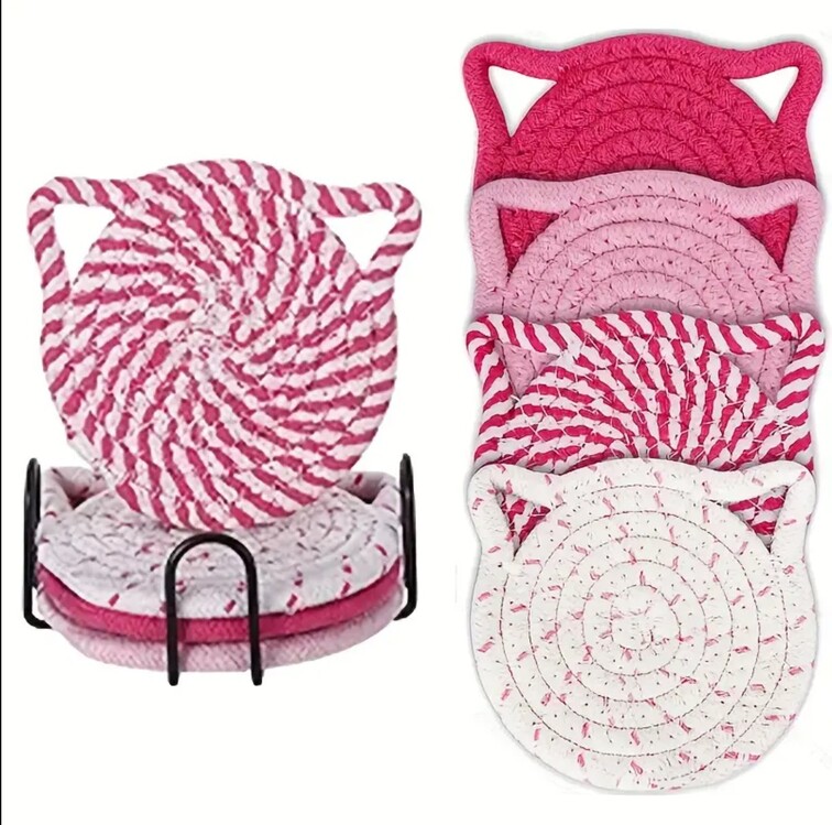 WU810400 Pembe 8'li kedi kulaklı bardak altlığı seti, sıcak pembe el dokuma bardak altlığı