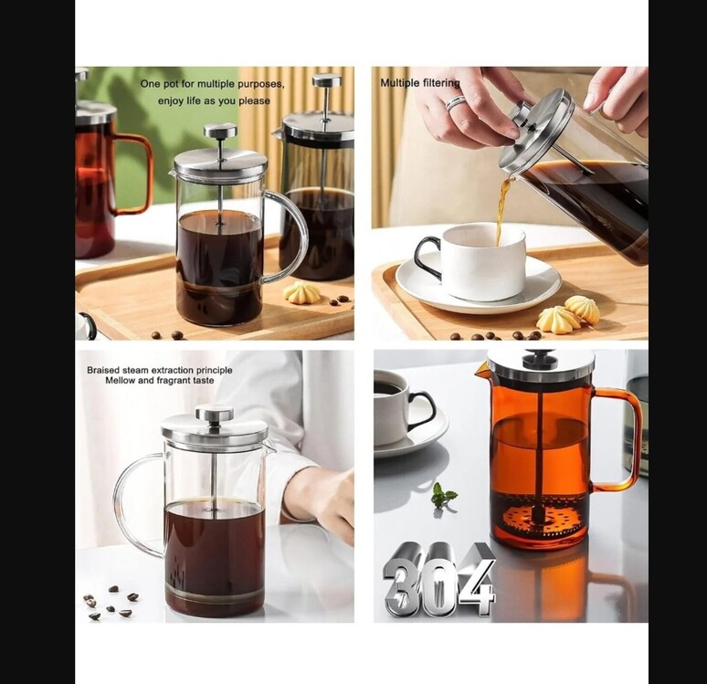 097O6638331 French Press Silver Gümüş Renk 600ml Cam Çay Kahve Demleme Sofra Mutfak Ev Sevgi