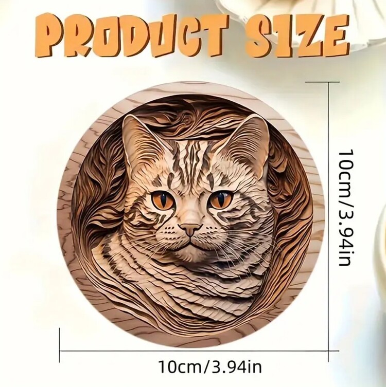 TH3735315 10X10cm 8 Parça Mantar Altlık Seti, Oymalı Kedi Desenli, Elde Yıkanabilir