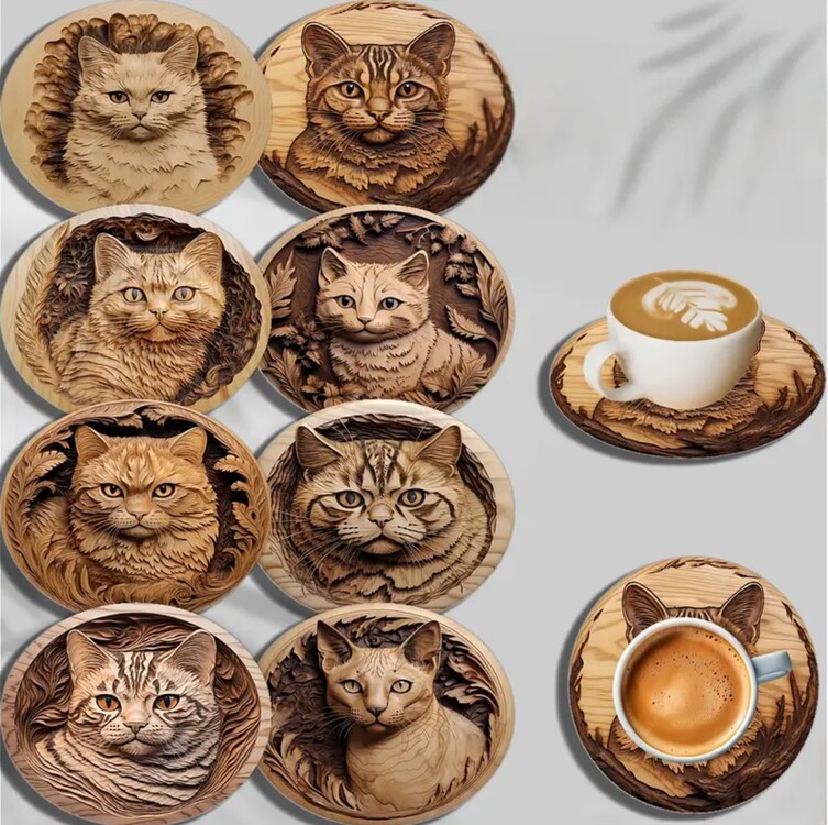 TH3735315 10X10cm 8 Parça Mantar Altlık Seti, Oymalı Kedi Desenli, Elde Yıkanabilir
