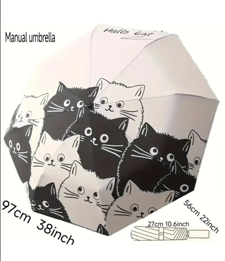 FB67307 Manuel Karikatür Siyah Beyaz Kedi Şemsiye UV Koruma Katlanabilir 1 Adet