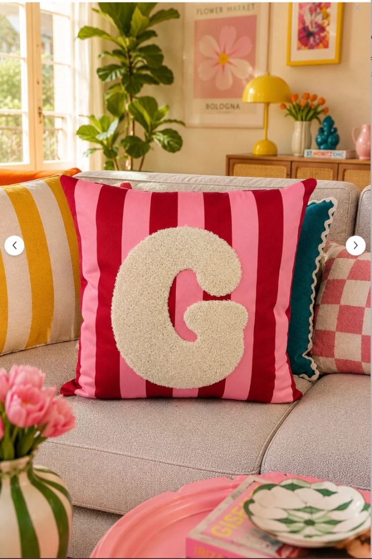 APNK001 Punch Nakışlı Kırlent Kılıfı - 43*43 Cm - Pembe G Harfi Ev Mobilya Dekorasyon