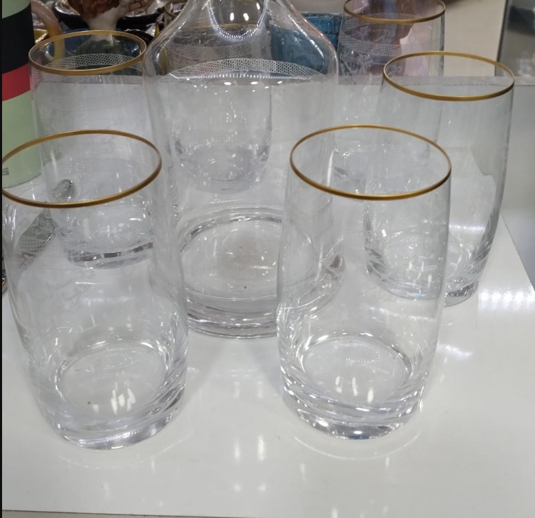 B161021042026 6 Kişilik Su Bardağı Karaf Seti Cam Üstü Desenli Şeffaf