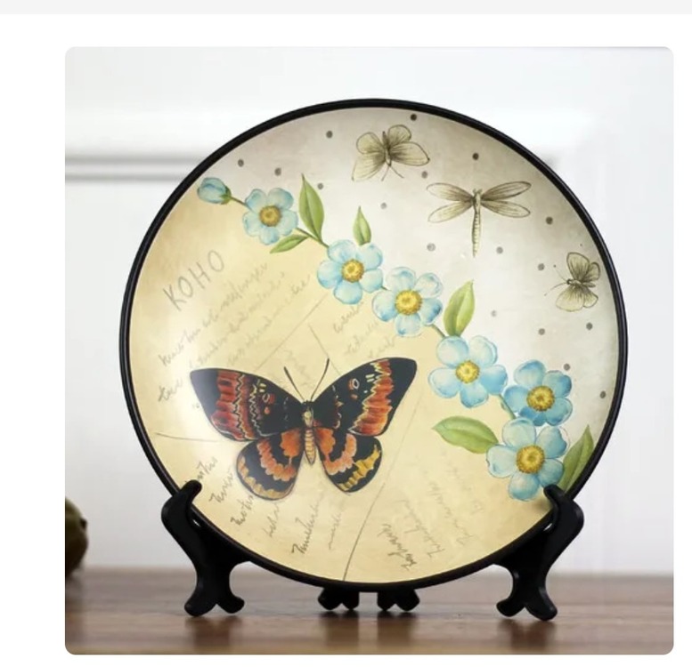 BB07FKMNXN Yusufçuk Kelebek Çiçek Duvar Tabak Vintage Euro Tarz Sanat Seramik 1 Adet