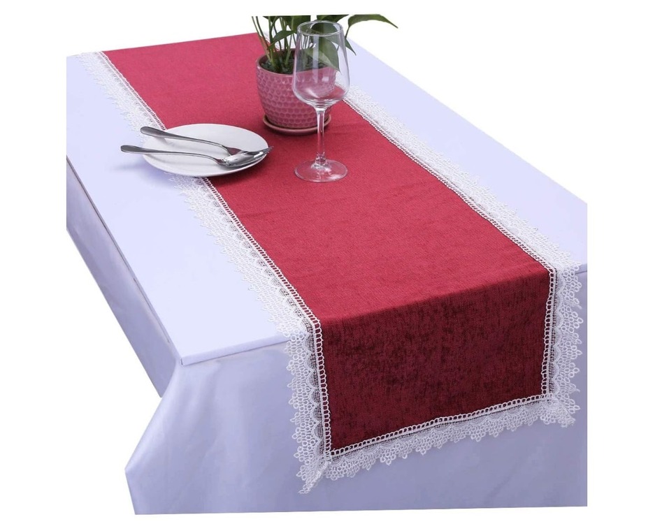 AQRS7V Runner Kırmızı Dantelli 166x57cm El Yapım Dantel Masa Örtü 1 Adet
