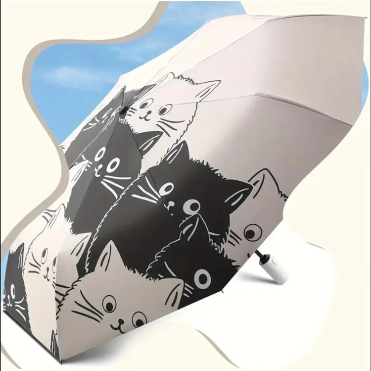 CW17229 Basit Karikatür Kedi Baskılı Siyah Beyaz UV Koruma Şemsiye Otomatik 1 Adet