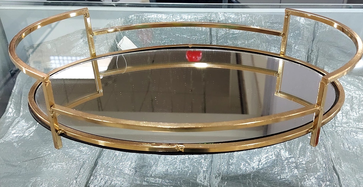 BWTHS 36x22cm Oval Gold Renk Metal Aynalı Cam Tepsi 15inch 1 Adet