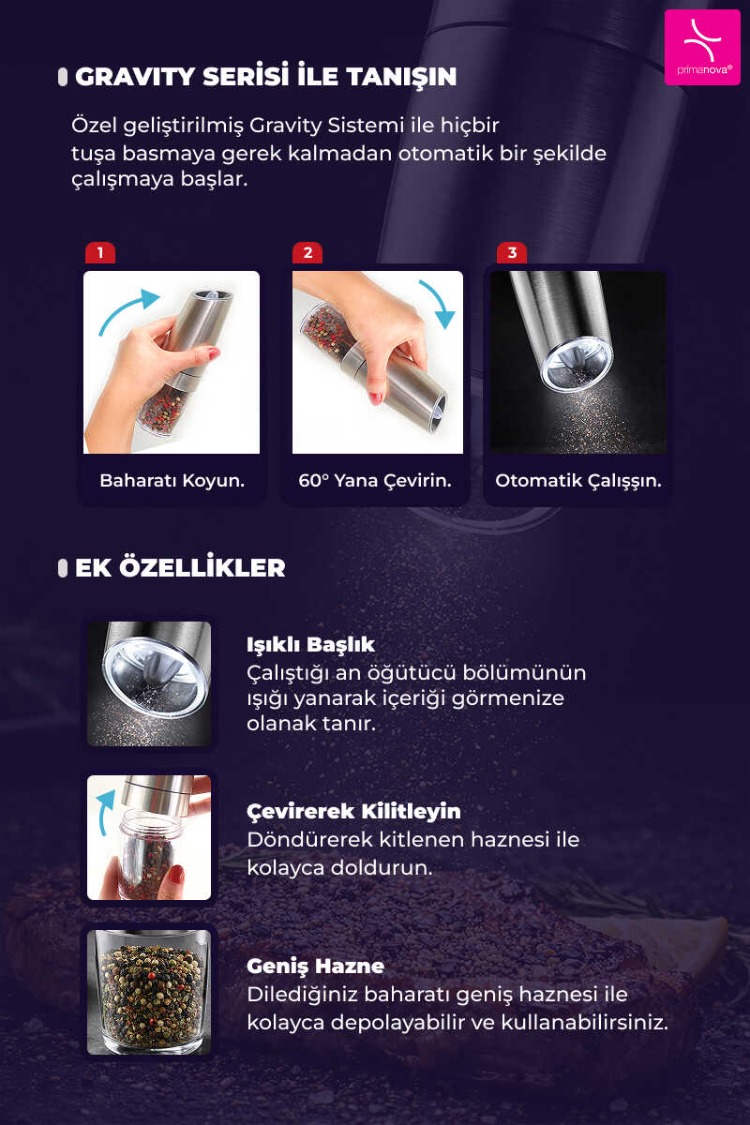 D-BRN023 Gravity Paslanmaz Çelik Otomatik Tuz & Karabiber Öğütücü Pilli - Metalik