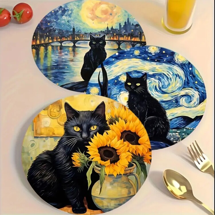 TJ193085 10*10 Cm/3,94*3,94 Inç 6'lı Ahşap Bardak Altlığı Seti - Van Gogh