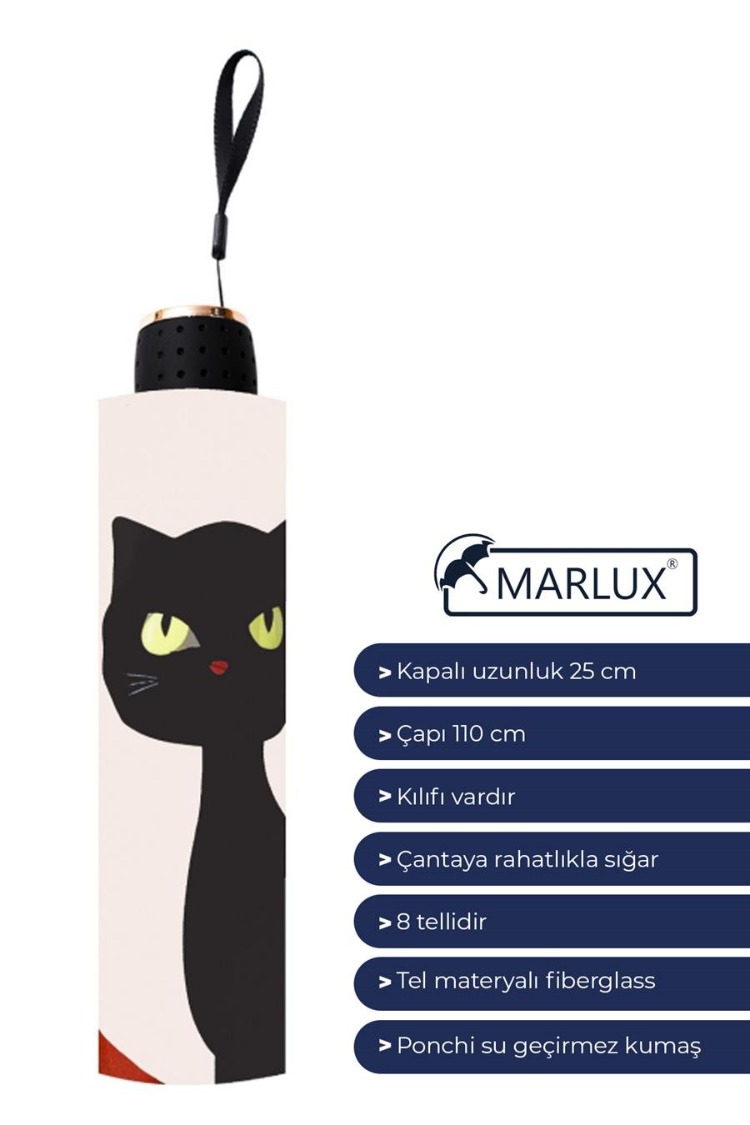 MAR-385 Renkli Gözlü Kedi Yarasa Model 8 Telli Rüzgara Dayanıklı Manuel Şemsiye