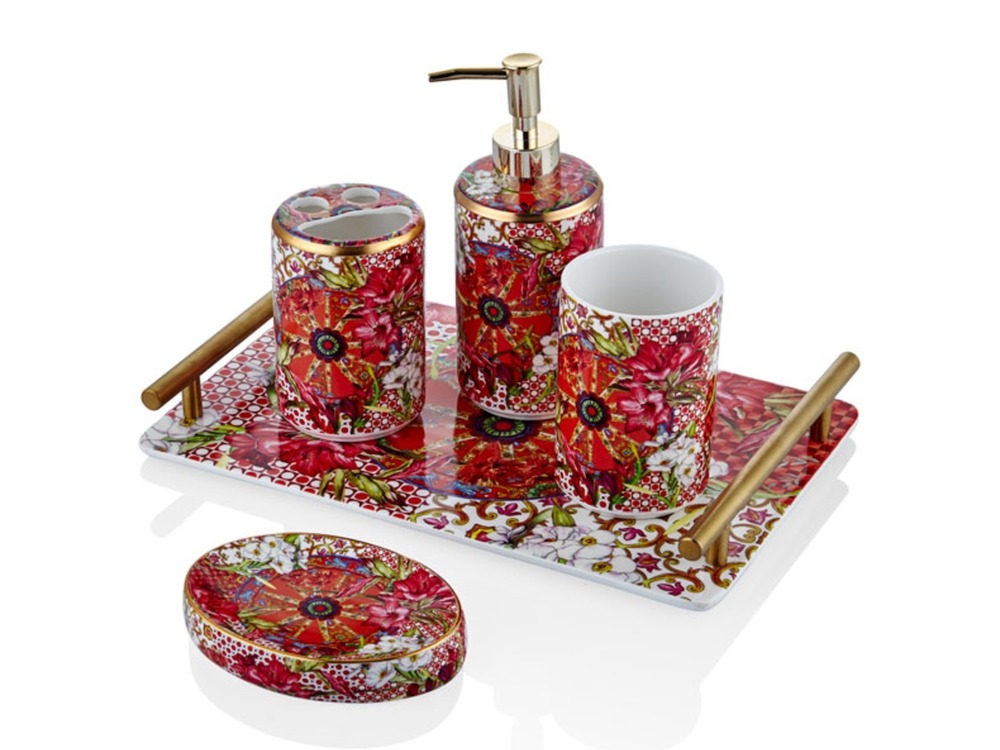 1YH-BS5 Lilyum Desenli 5'li Banyo Set Porselen 31x20,5x20cm Decorative