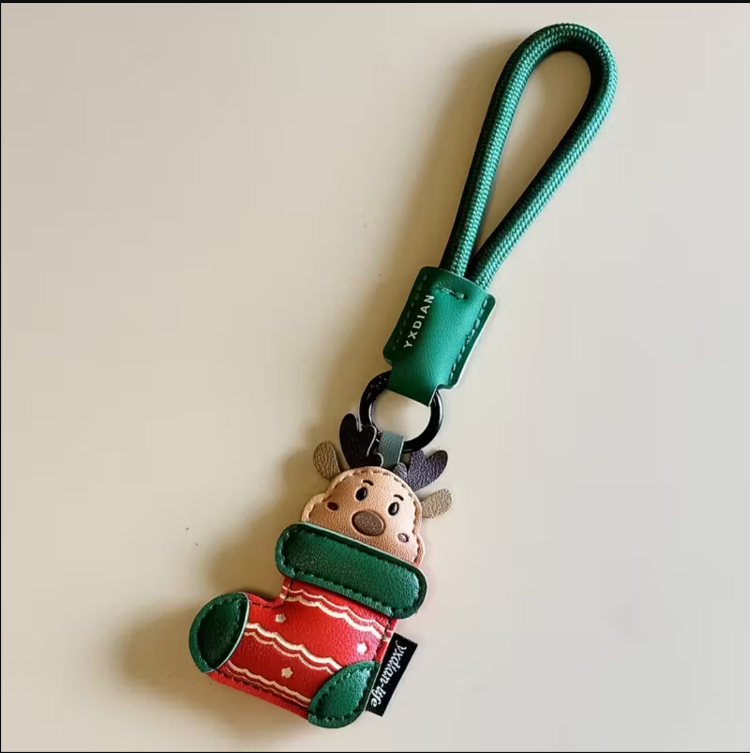 FU3884205 Yeşil Rudolph Noel Baba'nın Ren Geyiği Şık PU Deri Anahtarlık