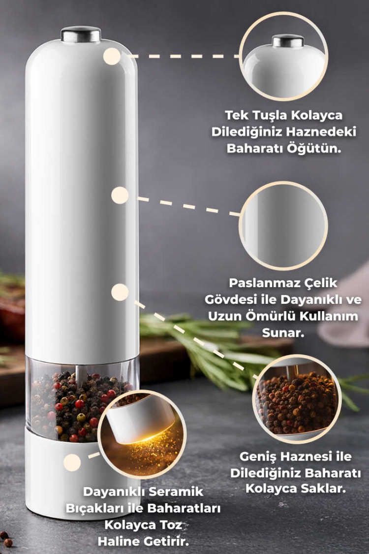 D-BRN026 Paslanmaz Çelik Tuz & Karabiber Öğütücü Pilli - Beyaz Otomatik