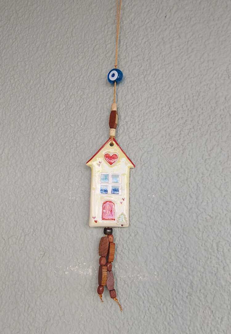 H15H Seramik Ev Genişlik 5cm Yükseklik 9cm Nazar Asmalık Süs El Yapım