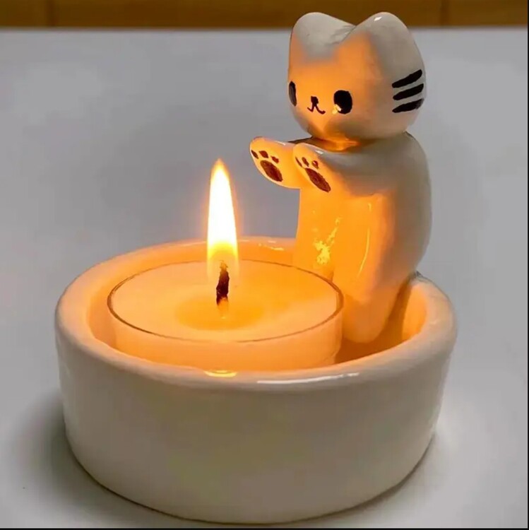 LT1306288 Kedi Mum Tutucu-Beyaz Şirin Seramik Kedi Kedi Mum Tutucu