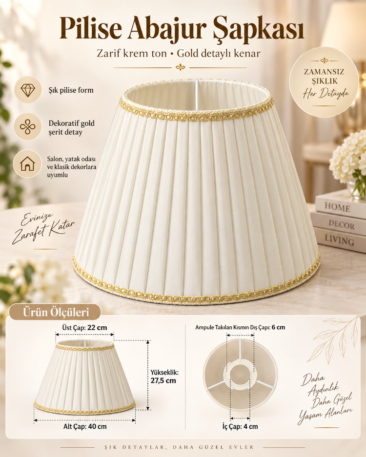 ESD-ABJ-40275-GD Gold Detaylı Krem Pilise Abajur Şapkası 40 cm – Klasik Dekoratif