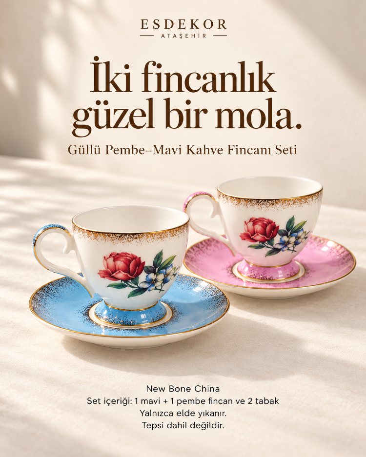 1631JXN055PK Güllü Pembe Mavi 2li Kahve Fincanı