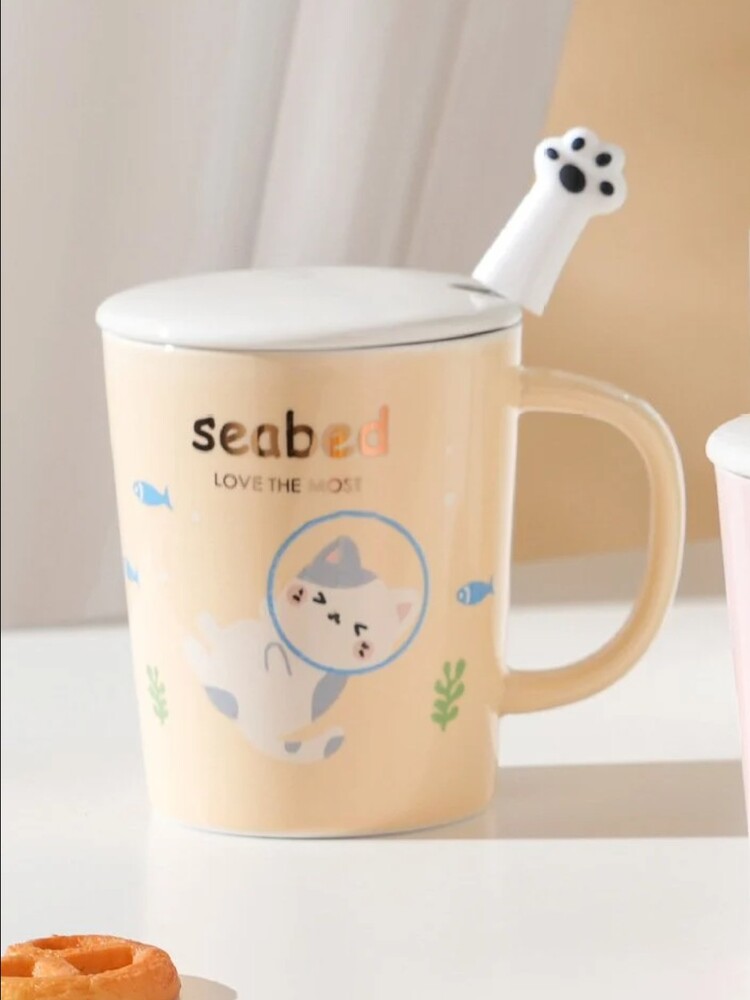 GP-4395 Porselen Kupa Dalgıç Kedi Seabed Love The Most Kapaklı Kaşıklı 1 Adet