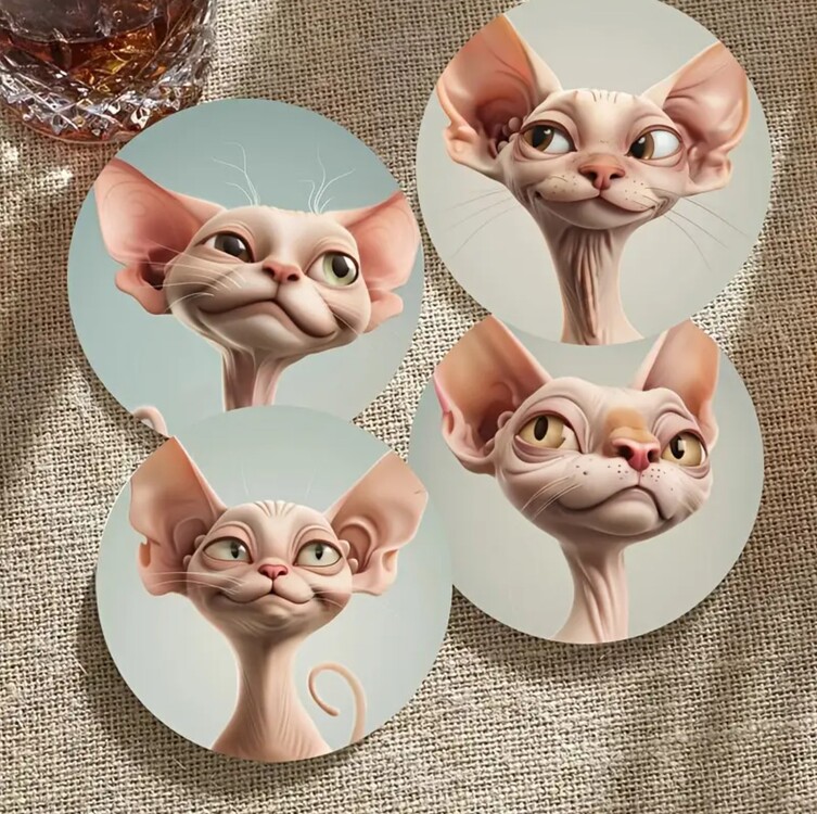 FX5137276 A 6 Parça Sphynx Kedi İfadesi Bardak Altlığı Seti Kahve ve Çay İçin