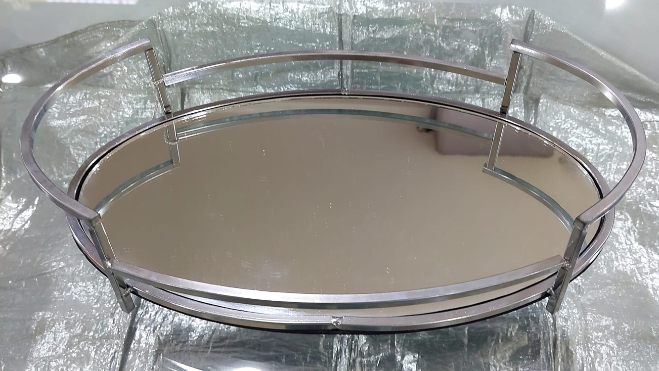 AWTHS 36x22cm Oval Gümüş Renk Metal Aynalı Cam Tepsi 15inch 1 Adet