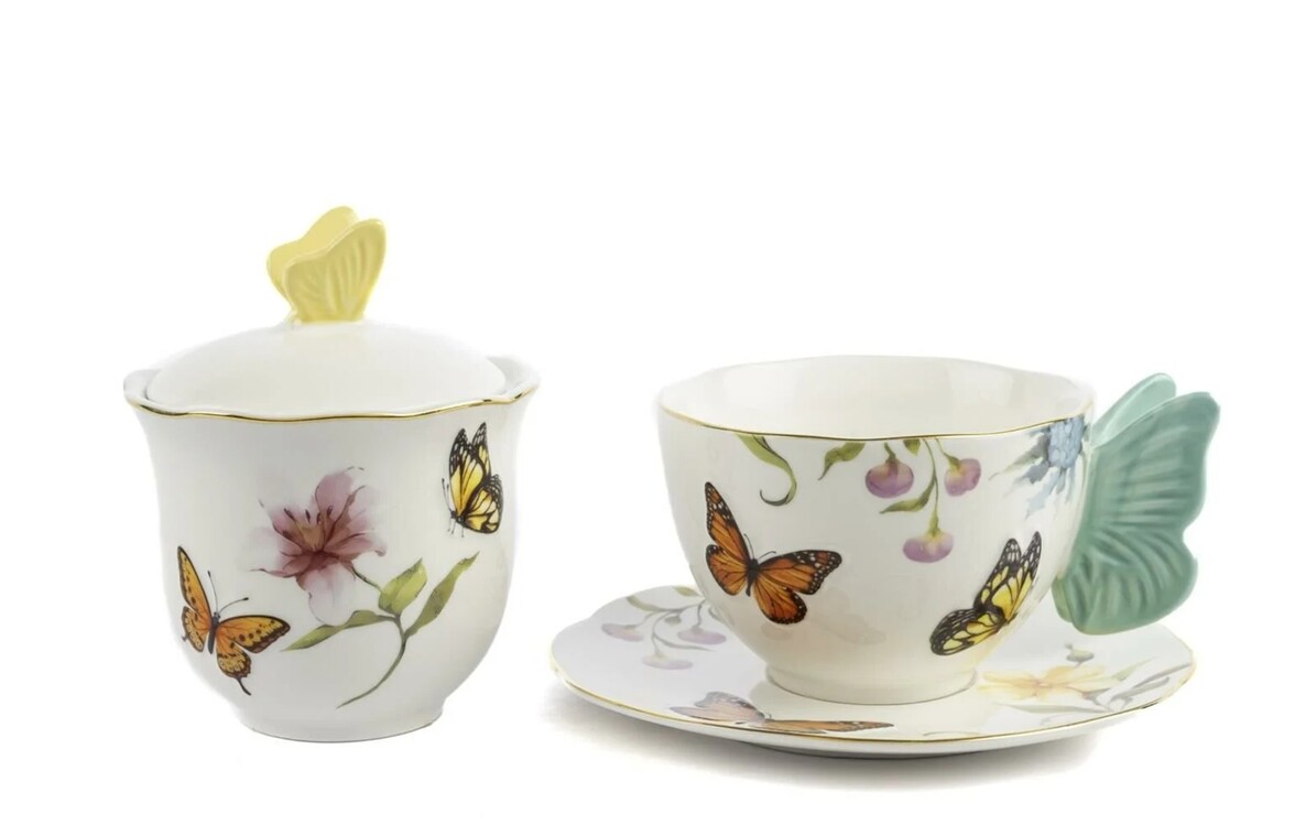P374.101227 Mariposa Çay Fincan Şekerlik Set 250cc Sofra Mutfak Dekoratif