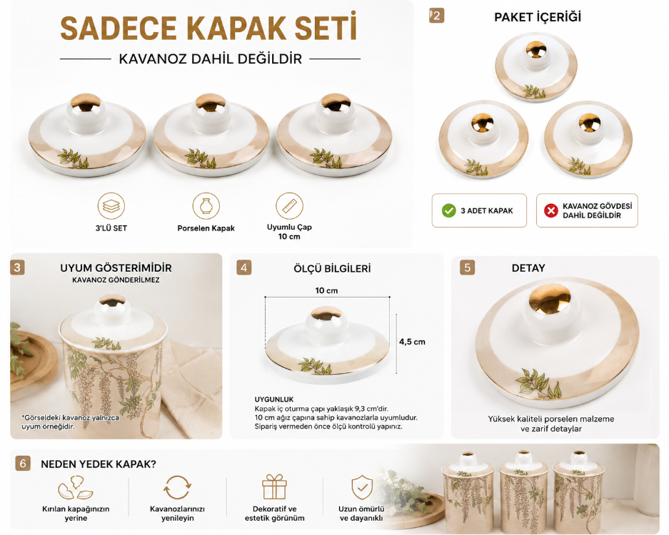 AP038.337902 Heaven Tree Uyumlu 3’lü Porselen Kavanoz Kapak Seti Bej Desenli Yedek Kapak