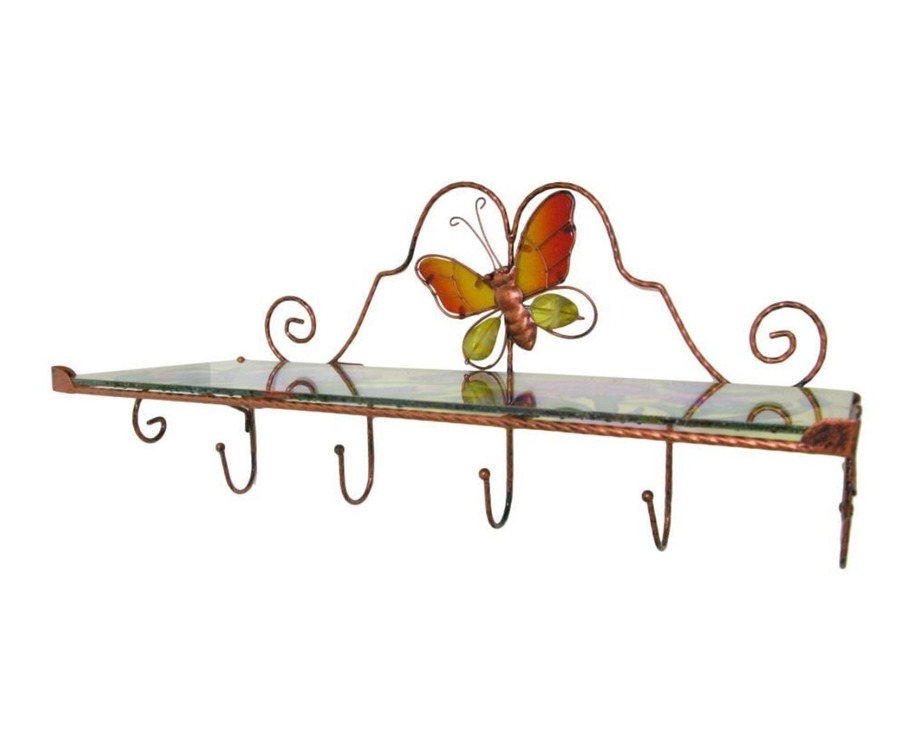 19.LUN.80404-B Luyano Duvar Rafı Askılı Çiçek Kelebek Desenli Antre Tipi Cam Metal 50 cm 1 adet