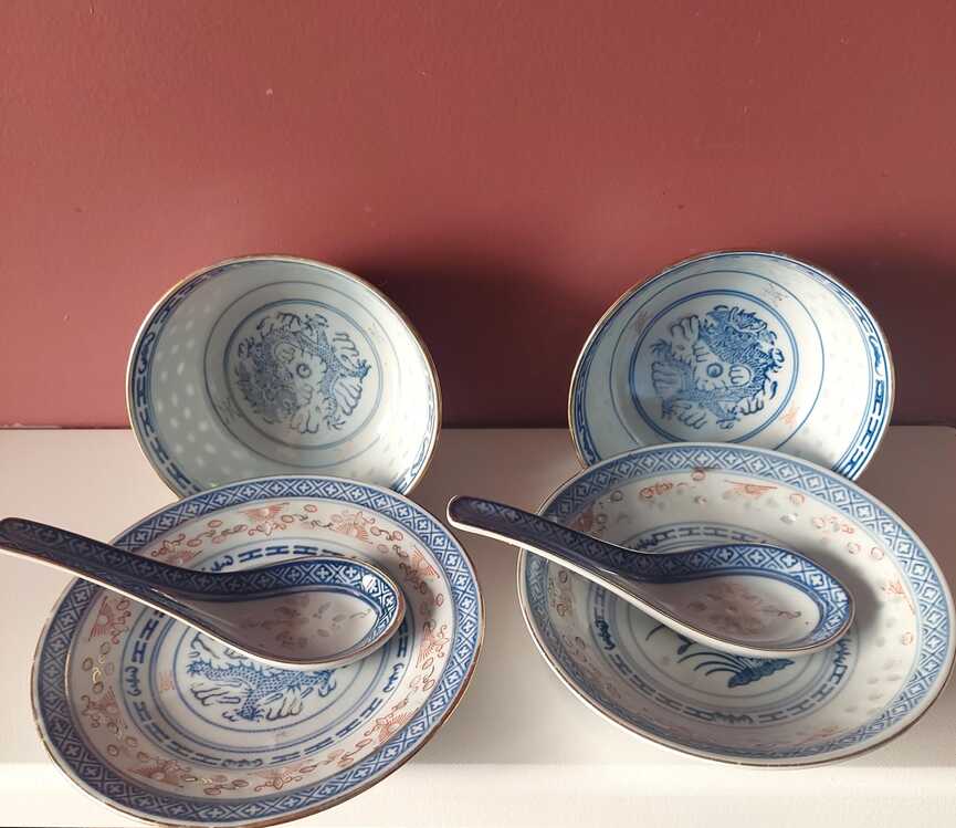 203113102025 Chinese porcelain 2li tk  6 parça Kase çap 11cm Tabak çap 15 cm  Yük 7 cm