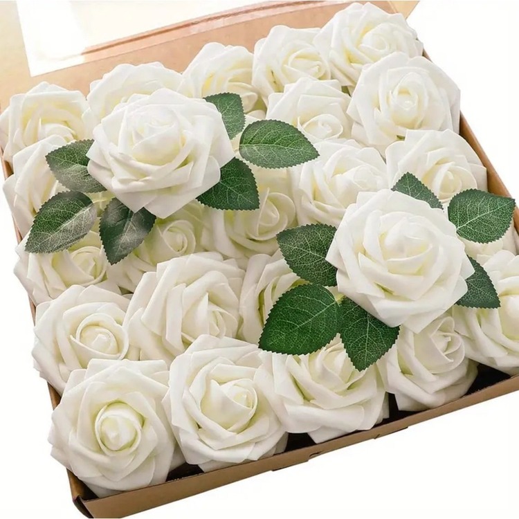 AUX05520 Boutonnieres Merkezleri için İvory Gül W / Sap, DIY 1 adet Yapay Gül Çiçek