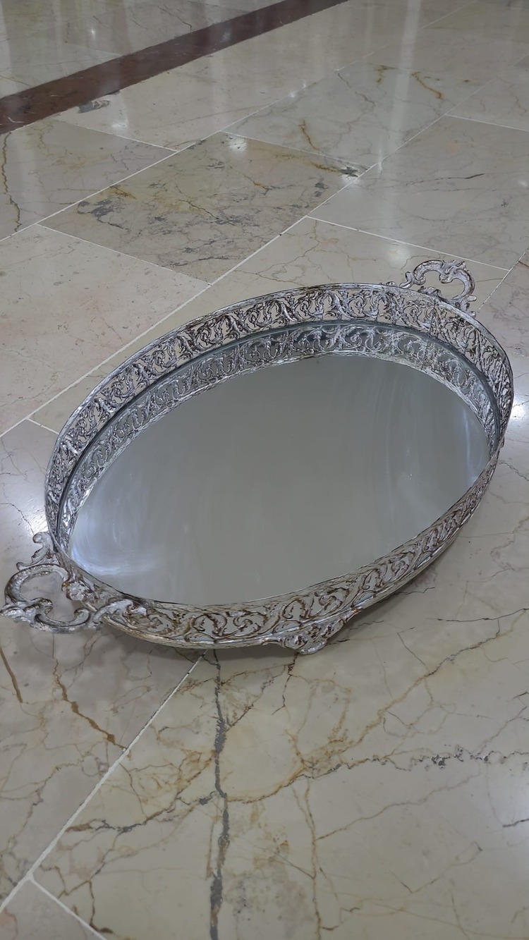 140002 57x32x8cm Oval Aynalı Cam Metal Çift Kulplu Ayaklı Çay Tepsi Eskitme 1 Adet