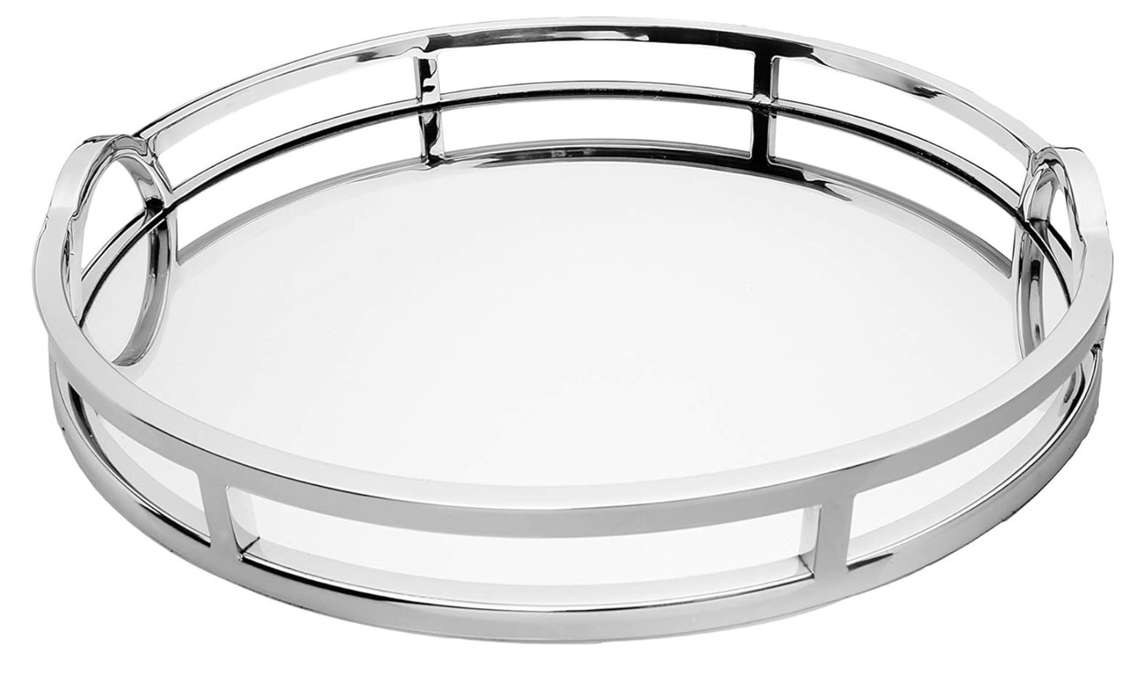 AWTHS 36x22cm Oval Gümüş Renk Metal Aynalı Cam Tepsi 15inch 1 Adet