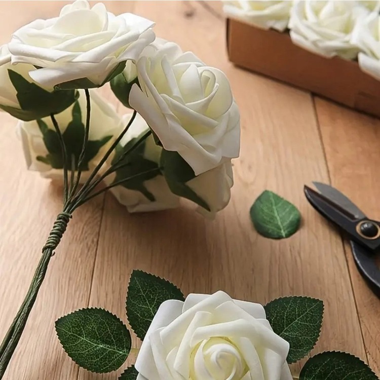 AUX05520 Boutonnieres Merkezleri için İvory Gül W / Sap, DIY 1 adet Yapay Gül Çiçek
