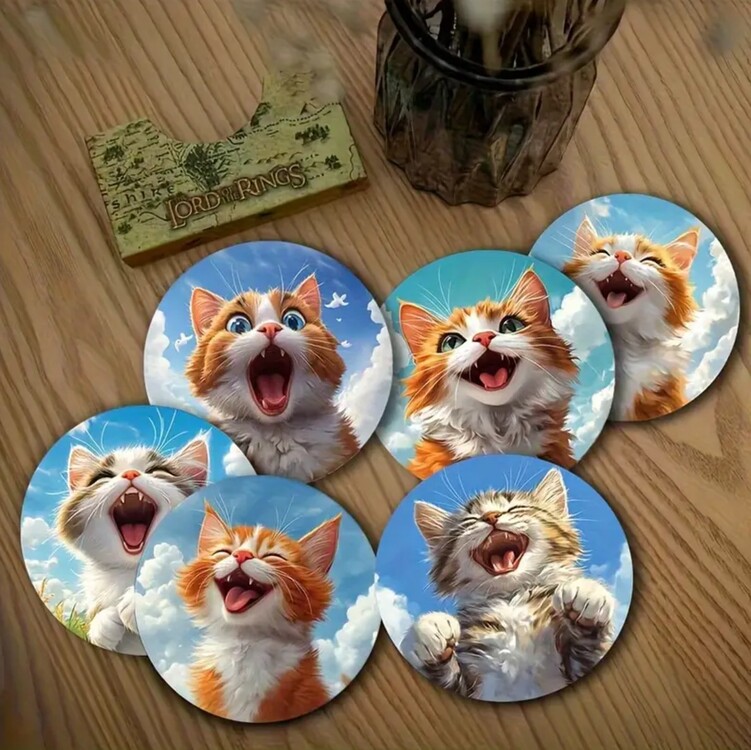 YA4486151 2D Baskılı 6 Parça Eğlenceli Kedi Bardak Altlığı Seti Renkli Tasarım