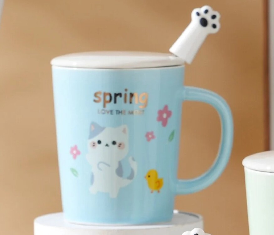BGP-4395 Porselen Kupa Çiçek Sever Kedi Spring Love The Most Kapaklı Kaşıklı 1 Adet
