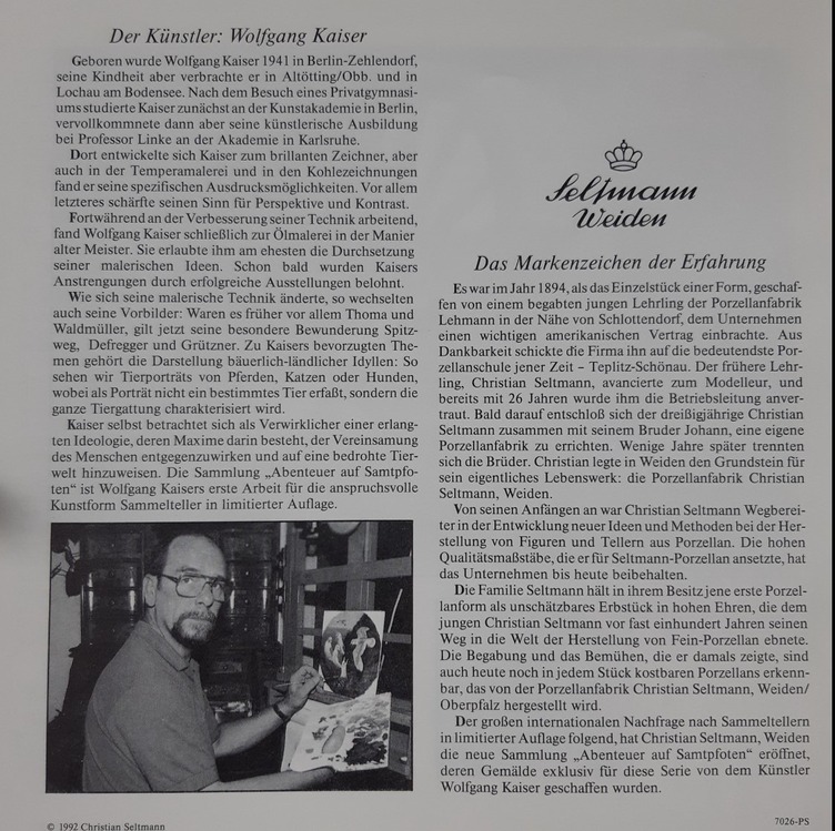 A2054 Seltmann Weiden Alman Kedi Bisiklet Duvar Tabak 1993 Bisiklet Ödülü 1 Adet