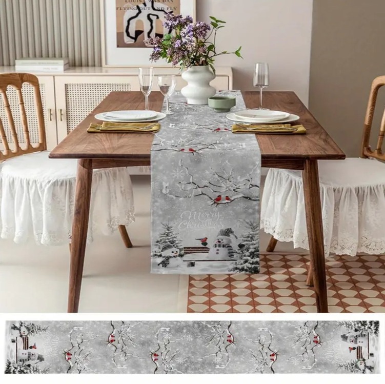 VD259894 Noel Masa Runner Kardan Adam Noel Ağaç Kış Kuş 13x72inç 33x183cm 1 Adet