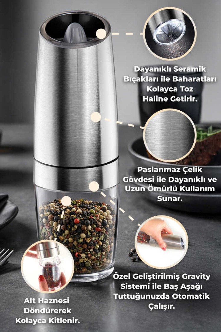 D-BRN023 Gravity Paslanmaz Çelik Otomatik Tuz & Karabiber Öğütücü Pilli - Metalik
