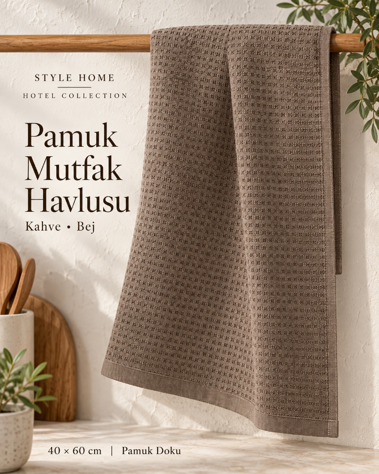 A075Ö221118 Pamuk Mutfak Havlusu Tekstili 40x60 Kahve Bej Nakışlı Desen Style Home Hotel